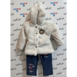 Baby Faux Fur Hooded Jacket & Embroidered Denim Jeans Set
