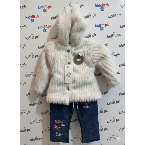 Baby Faux Fur Hooded Jacket & Embroidered Denim Jeans Set Baby Faux Fur Hooded Jacket & Embroidered Denim Jeans Set